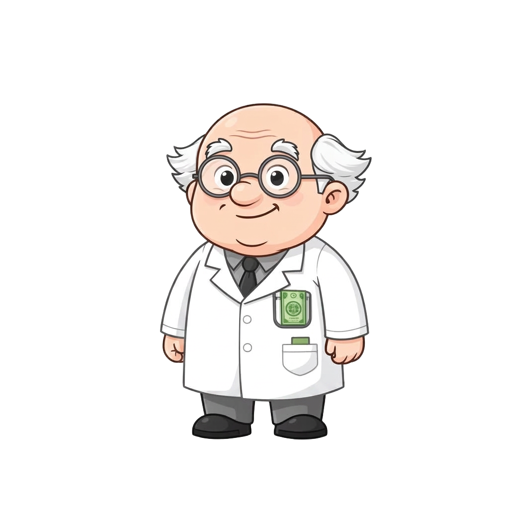The Business Case Doctor, a friendly cartoon doctor with round glasses and a clipboard